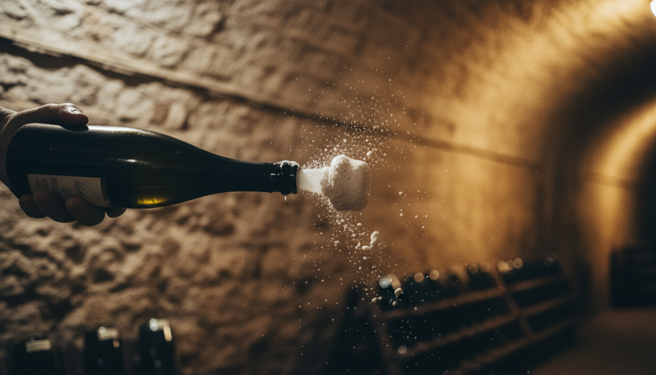 Detailaufnahme des Degorgierens einer Cava-Flasche, gefrorener Hefepfropfen wird ausgestoßen, Kellerambiente
