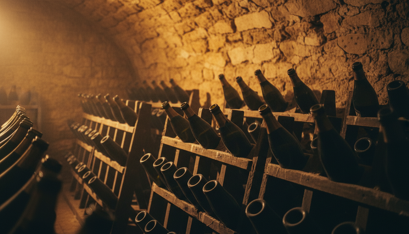 Nahaufnahme von Cava-Flaschen im Rüttelpult (Pupitre) in einem katalanischen Keller, warmes Licht auf Kalksteinwänden