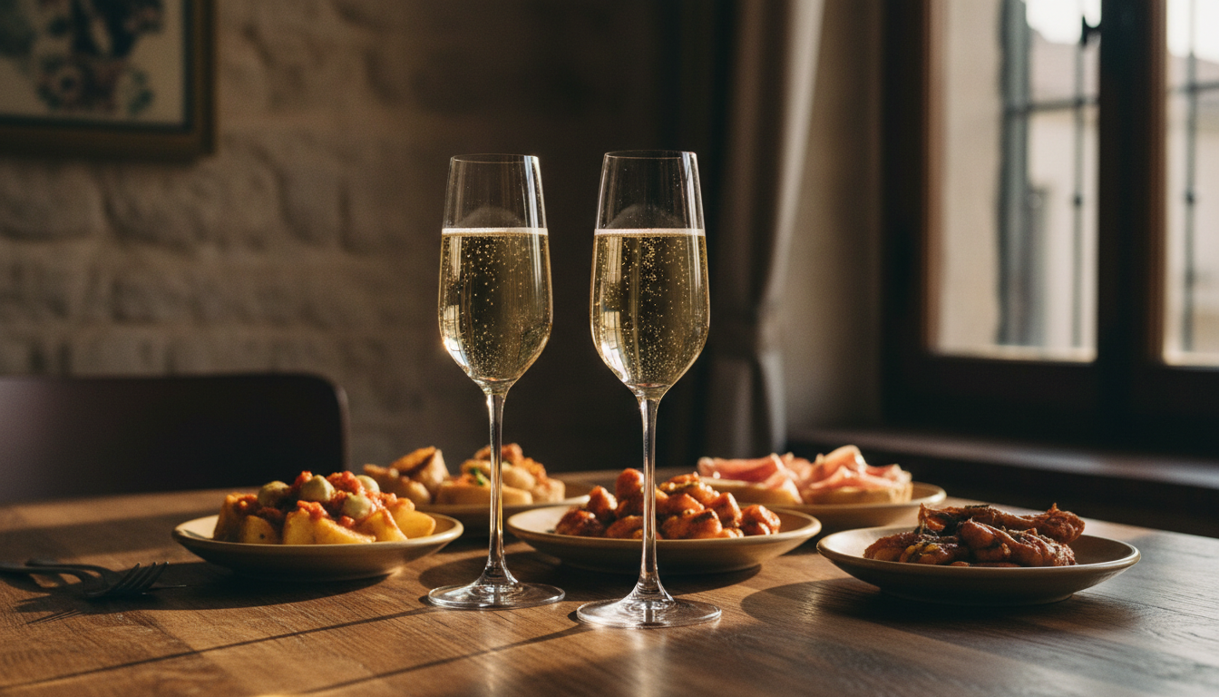 Elegante Cava-Gläser auf einem gedeckten Tisch bei einem Abendessen, katalanische Tapas im Hintergrund, warmes Abendlicht