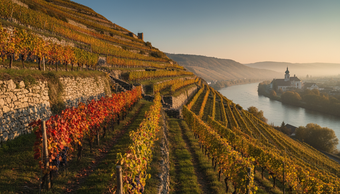 Steile Weinterrassen entlang der Donau in der Wachau bei Dürnstein, mit Trockensteinmauern und reifen Reben im Herbstlicht