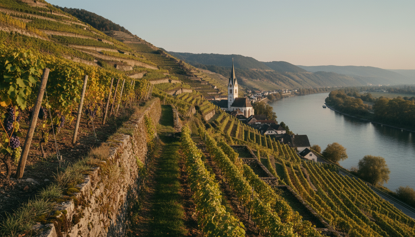 Blick über die Donau auf die Weinterrassen bei Weißenkirchen mit den typischen Trockensteinmauern und dem Kirchturm im Hintergrund