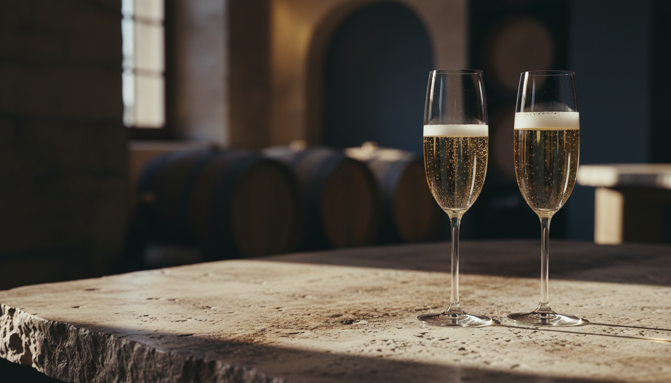 Zwei Schaumweingläser nebeneinander, eines mit Crémant, eines mit Champagner, auf einem Kalksteintisch mit sichtbarer Kreidestruktur, natürliches Licht von der Seite