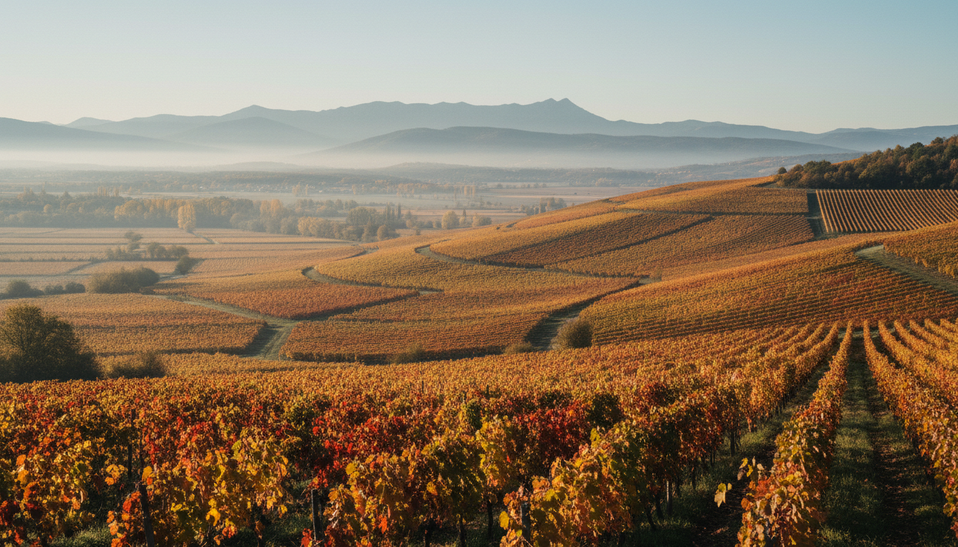 Panorama einer Weinberglandschaft im Elsass mit herbstlich gefärbten Rebzeilen, im Hintergrund die Vogesen unter klarem Morgenlicht