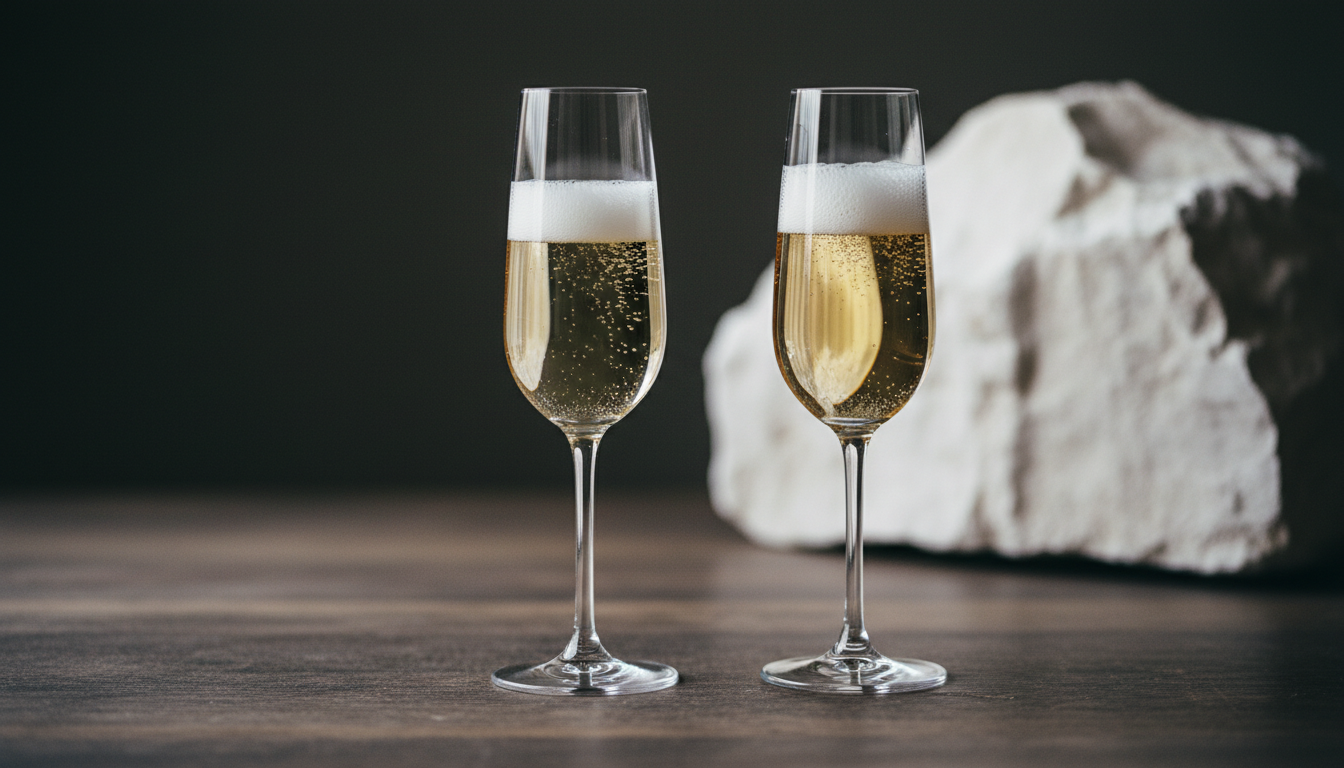 Vergleichende Darstellung zweier Gläser Schaumwein nebeneinander, eines mit feiner Perlage (Crémant), eines mit kräftigerer Mousse (Champagner), auf einem Holztisch mit Kreidestein im Hintergrund
