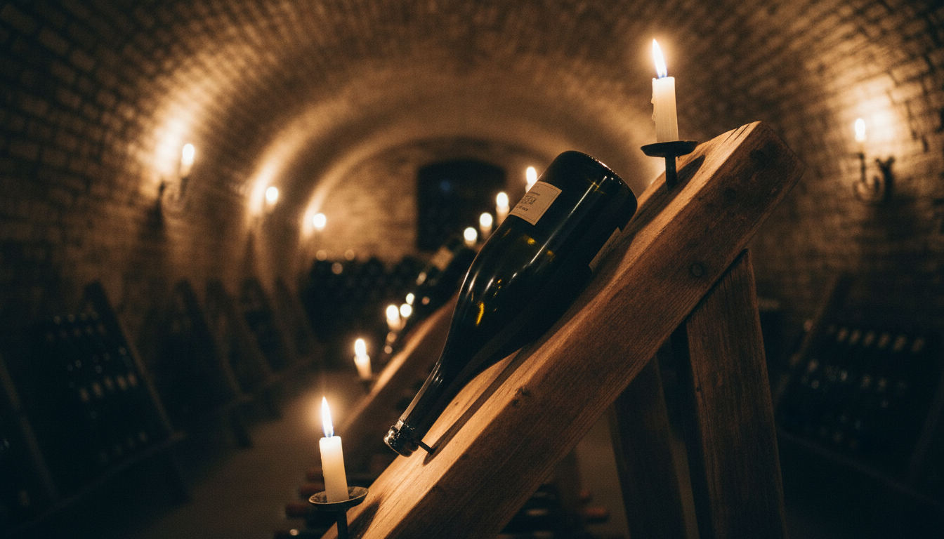 Nahaufnahme einer Crémant-Flasche auf einem Rüttelpult (Pupitre) in einem traditionellen Keller mit Gewölbedecke und Kerzenlicht