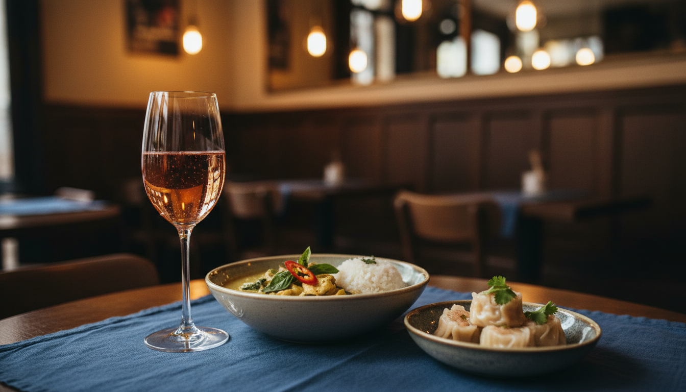 Crémant Rosé im Glas neben einer Schale grünem Thai-Curry und Dim Sum, asiatisch-europäisches Tischsetting