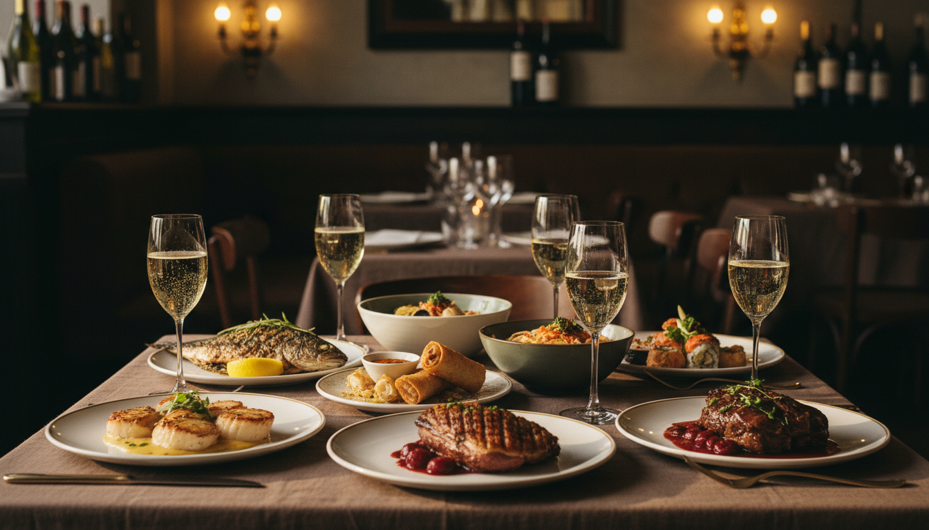 Gedeckter Tisch mit verschiedenen Crémant-Gläsern neben Fisch, Fleisch und asiatischen Gerichten, warmes Licht, europäisches Bistro-Ambiente