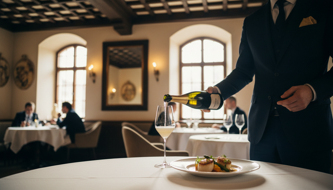 Kellner serviert Crémant zu einem Hauptgericht in einem Münchner Restaurant, elegantes Ambiente, natürliches Licht