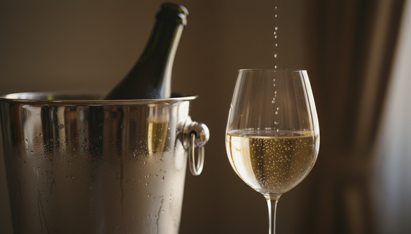 Nahaufnahme einer Crémant-Flasche im Eiskühler mit Kondenstropfen auf dem Glas, daneben ein bauchiges Tulpenglas mit feiner Perlage, weiches Seitenlicht