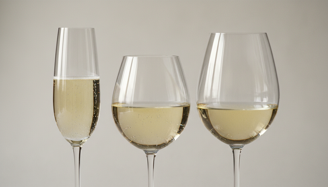 Vergleich dreier Glastypen nebeneinander (schmale Flöte, bauchige Tulpe, Weißweinglas), jeweils mit Crémant gefüllt, Perlage sichtbar, neutraler heller Hintergrund