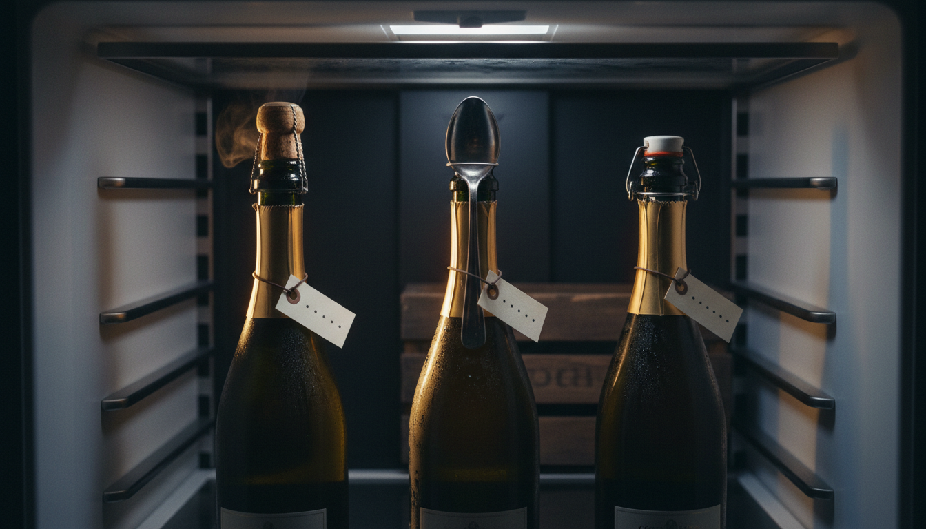Drei Crémant-Flaschen nebeneinander im Kühlschrank, eine offen, eine mit Silberlöffel, eine mit Druckverschluss, beschriftet mit Stundenzahlen auf kleinen Etiketten
