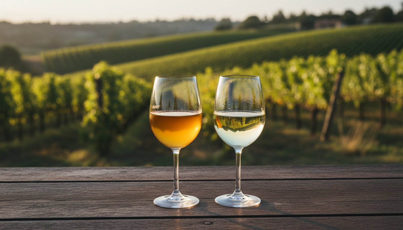 Zwei Gläser nebeneinander auf einem Holztisch, links ein goldgelber Traubensaft, rechts ein strohfarbener alkoholfreier Weißwein, im Hintergrund Weinreben bei Sonnenlicht
