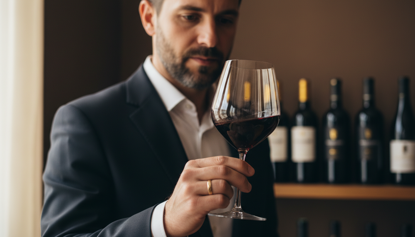 Nahaufnahme einer Weinverkostung, ein Sommelier schwenkt ein Glas mit rubinrotem alkoholfreiem Rotwein, im Hintergrund unscharf Weinflaschen