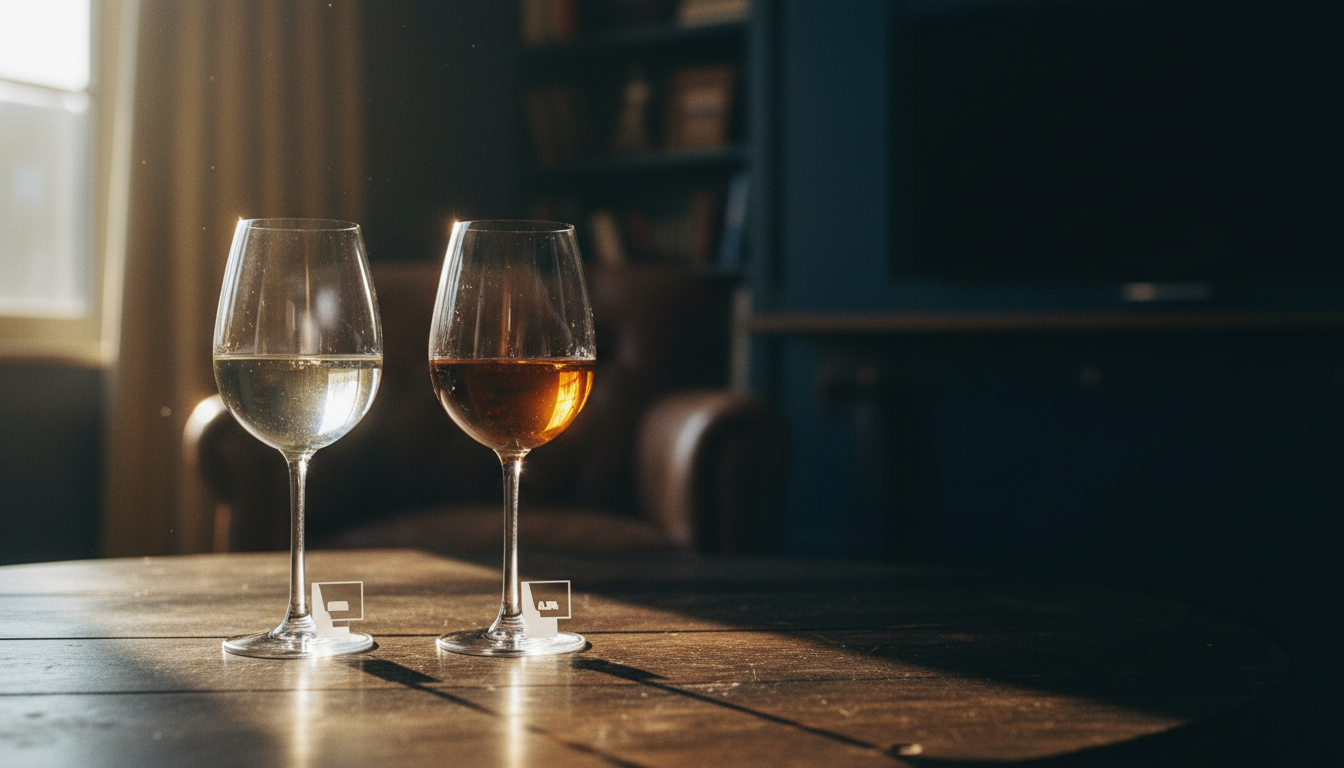 Zwei Gläser alkoholfreien Weins nebeneinander, eines mit 0,0 % und eines mit 0,5 % Deklaration, in warmem Licht fotografiert, um die unterschiedliche Viskosität sichtbar zu machen