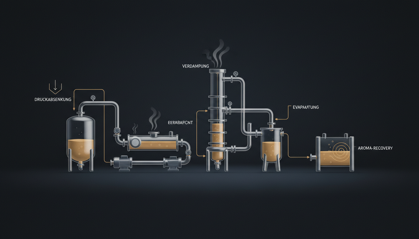 Schematische Darstellung einer Vakuumdestillationsanlage für Wein mit Beschriftung der Prozessschritte Druckabsenkung, Verdampfung und Aroma-Recovery