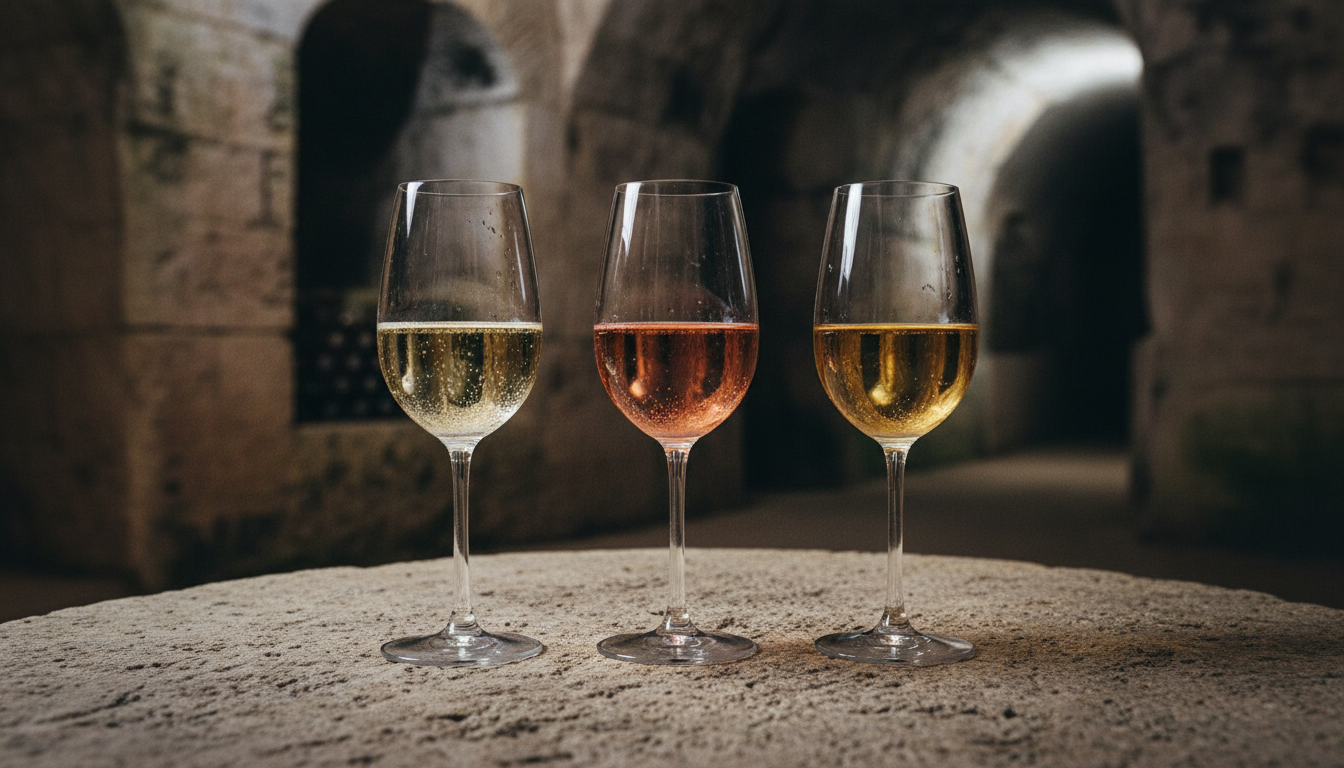 Drei Gläser Crémant de Loire nebeneinander, Brut, Rosé und Demi-Sec, auf einem Tuffstein-Tisch in einer Loire-Kellerei bei Saumur