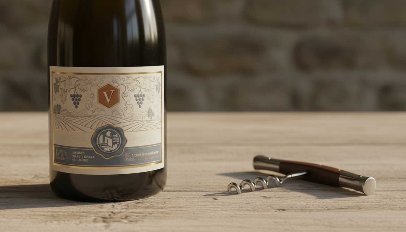 Detailaufnahme eines Crémant de Loire Etiketts mit sichtbarer AOC-Angabe und Rebsortennennung, daneben ein Korkenzieher auf hellem Holztisch