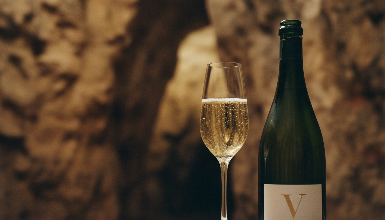 Nahaufnahme einer Crémant de Loire Flasche mit feiner Perlage im Tulpenglas, im Hintergrund die Tuffsteinhöhlen des Loire-Tals bei Saumur