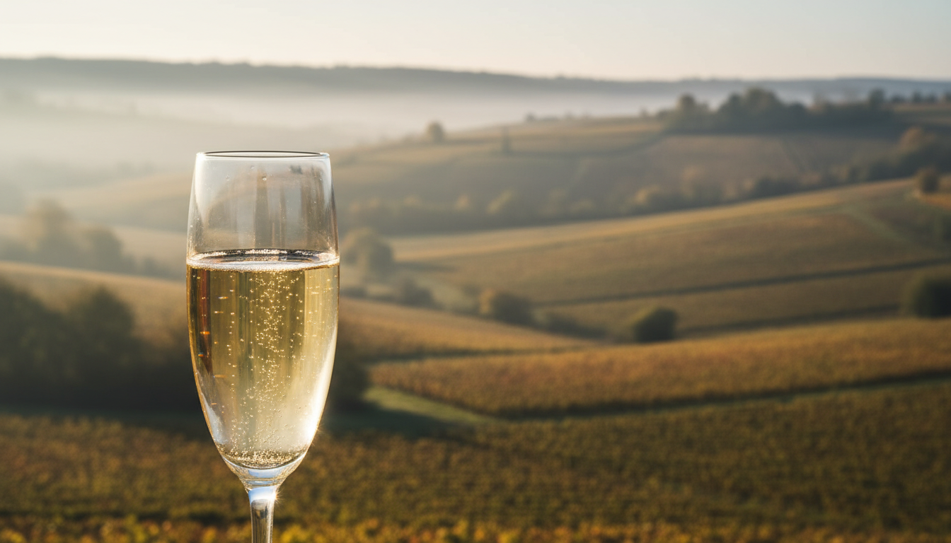Nahaufnahme eines Glases Crémant de Bourgogne mit feiner Perlage, im Hintergrund burgundische Weinberge bei Morgenlicht