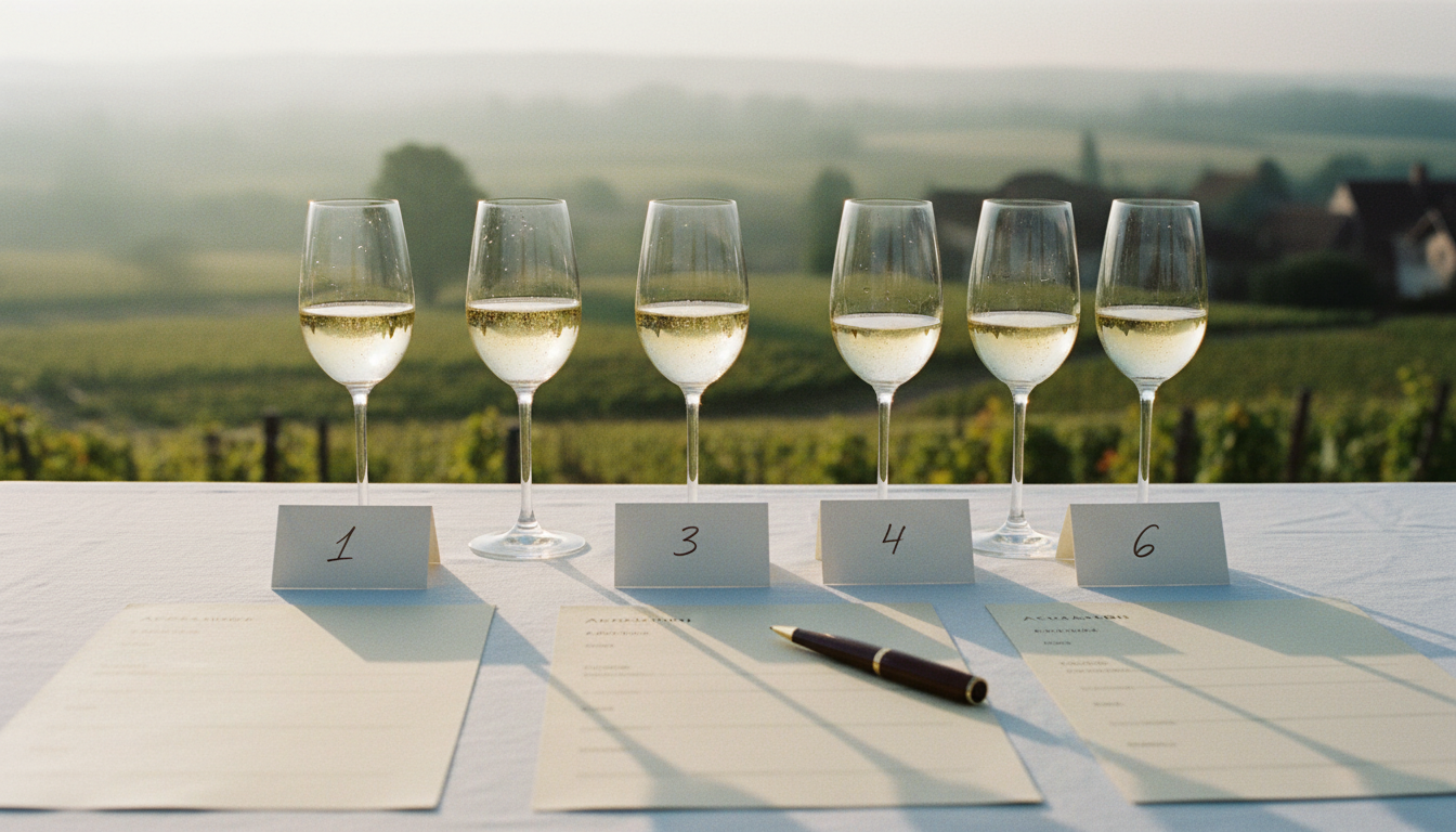 Blindtasting-Setup mit nummerierten Gläsern Crémant de Bourgogne auf weißer Tischdecke, Bewertungsbögen im Vordergrund