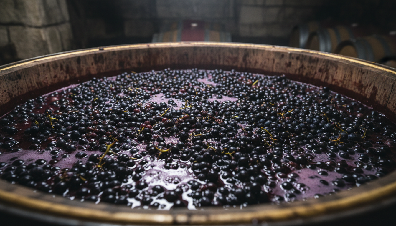 Burgundische Pinot-Noir-Trauben in einem offenen Holzbottich während der Kaltmazeration, Nahaufnahme der dunklen Beerenhäute im kalten Most