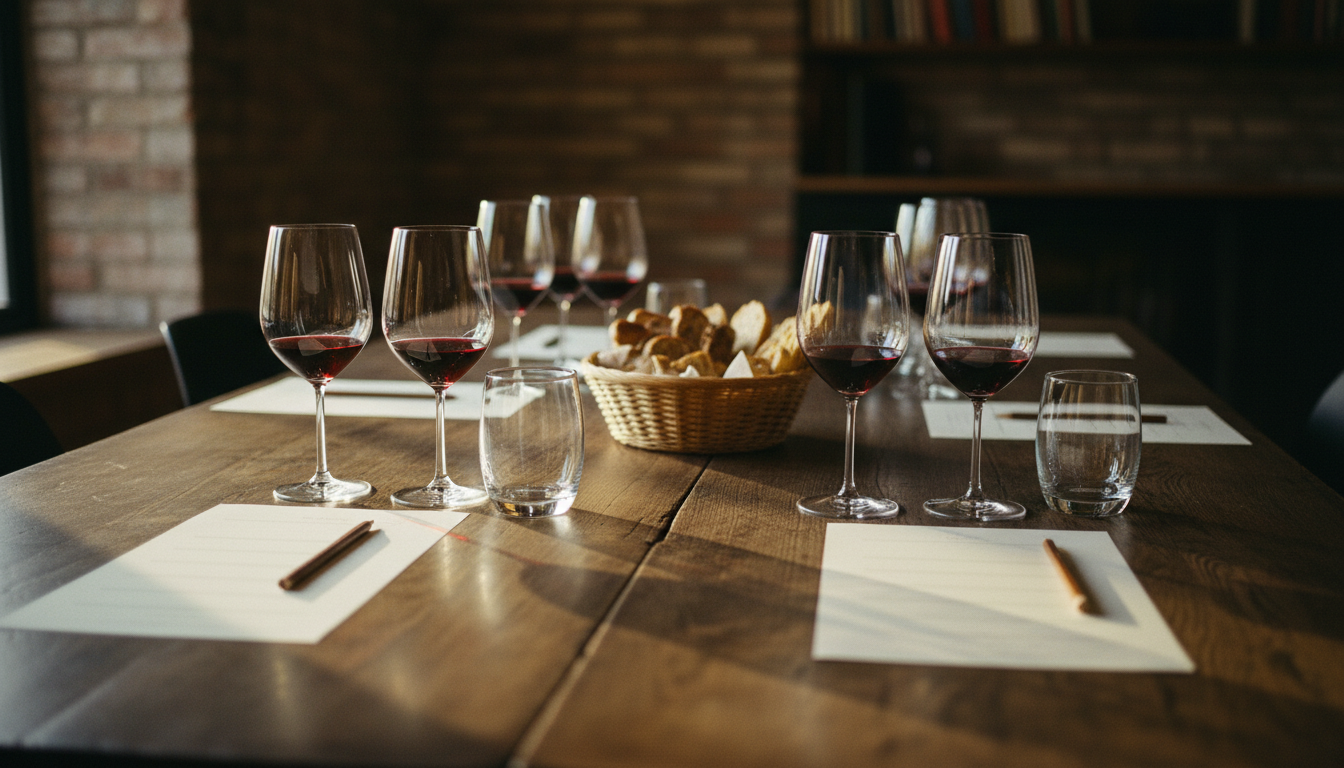 Tischszene einer privaten Weinprobe mit sechs nummerierten Gläsern, Bewertungsbögen, Wassergläsern und Brotkorb auf einem schlichten Holztisch