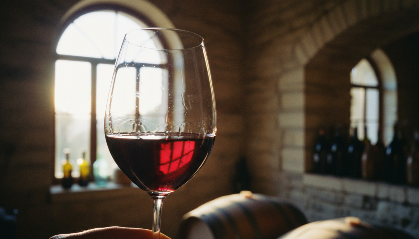 Nahaufnahme eines Weinglases mit rubinrotem Wein, das gegen natürliches Licht gehalten wird, sodass Farbschattierungen und Viskositätsschlieren sichtbar werden