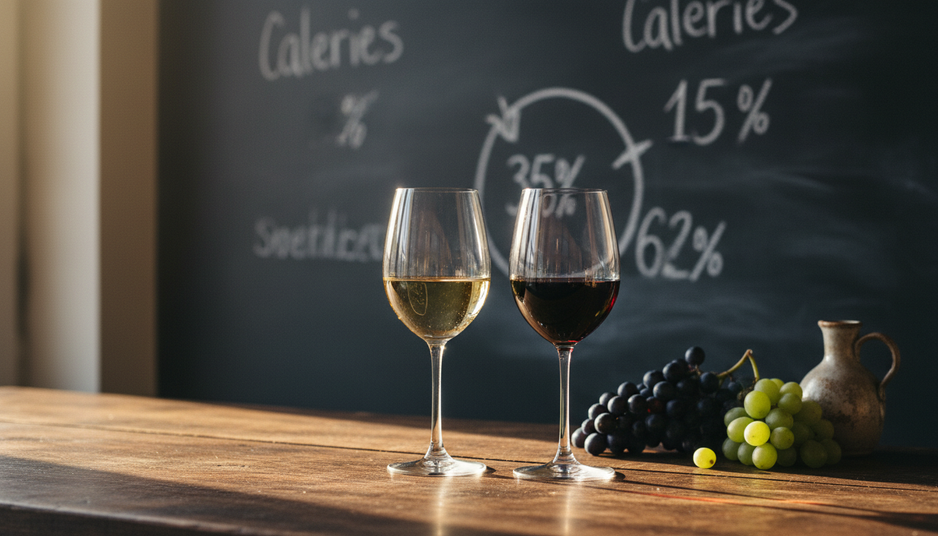 Zwei Weingläser nebeneinander, links ein heller Weißwein, rechts ein dunkler Rotwein, vor einer Schiefertafel mit handgeschriebenen Kalorienwerten, rustikale Weinbar-Atmosphäre