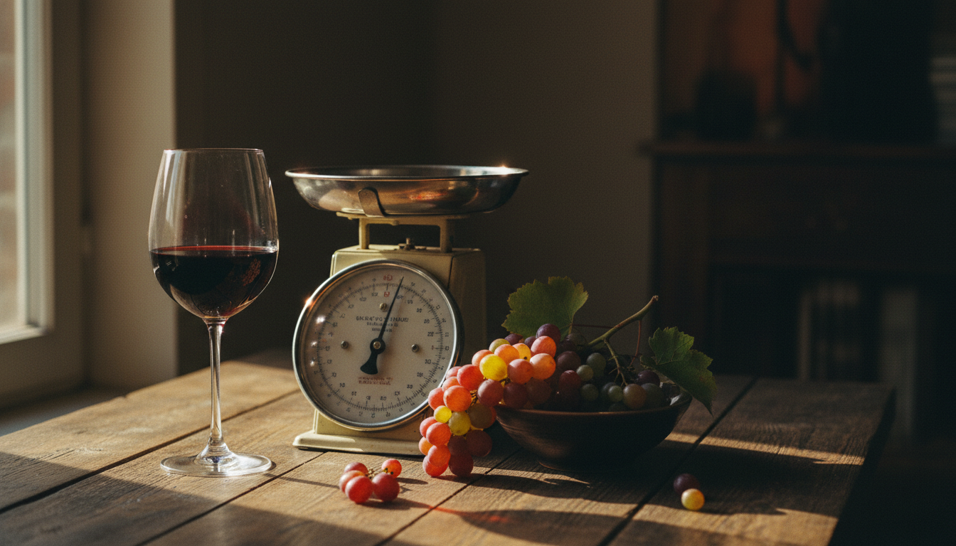 Nahaufnahme eines Weinglases mit Rotwein neben einer analogen Küchenwaage, daneben frische Weintrauben auf einem Holztisch, warmes Tageslicht
