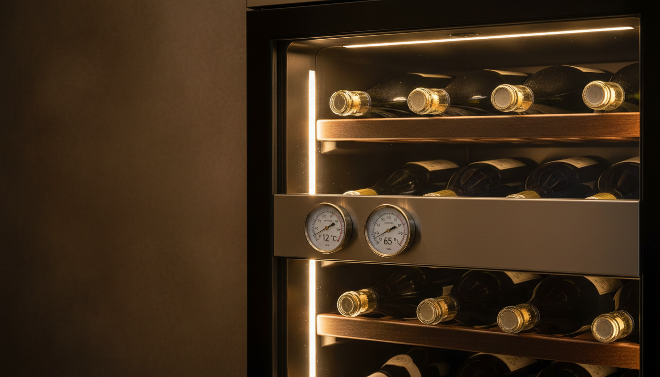 Weinkühlschrank mit liegend gelagerten Sektflaschen bei 12 °C, Hygrometer zeigt 65 % Luftfeuchtigkeit