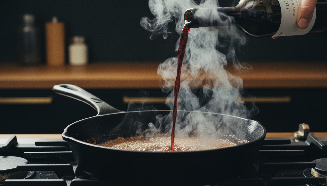 Nahaufnahme einer dampfenden Pfanne, in die gerade Rotwein zum Ablöschen gegossen wird, mit sichtbarem Dampf und karamellisierten Röstaromen am Pfannenboden