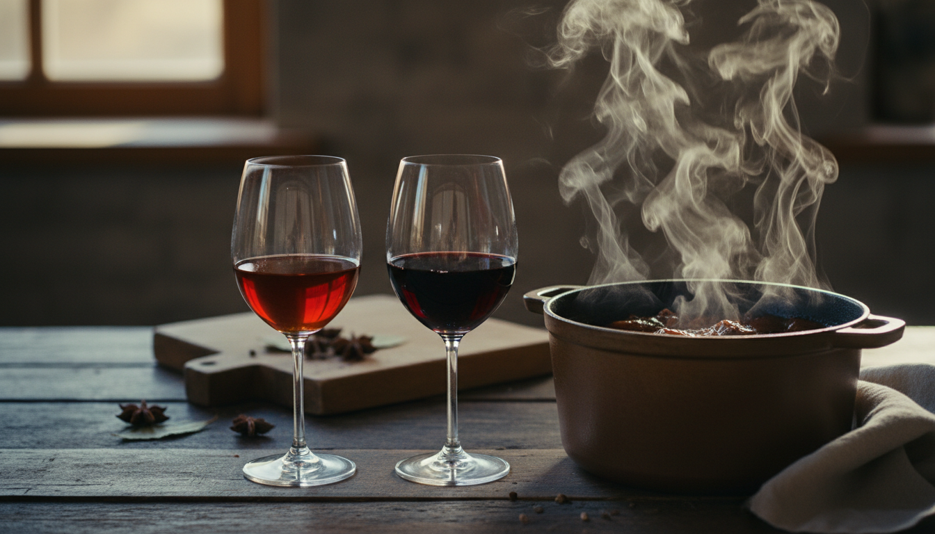 Zwei Weingläser nebeneinander, eines mit einem einfachen Landwein, eines mit einem sichtbar dunkleren, komplexeren Rotwein, daneben ein dampfender Schmortopf