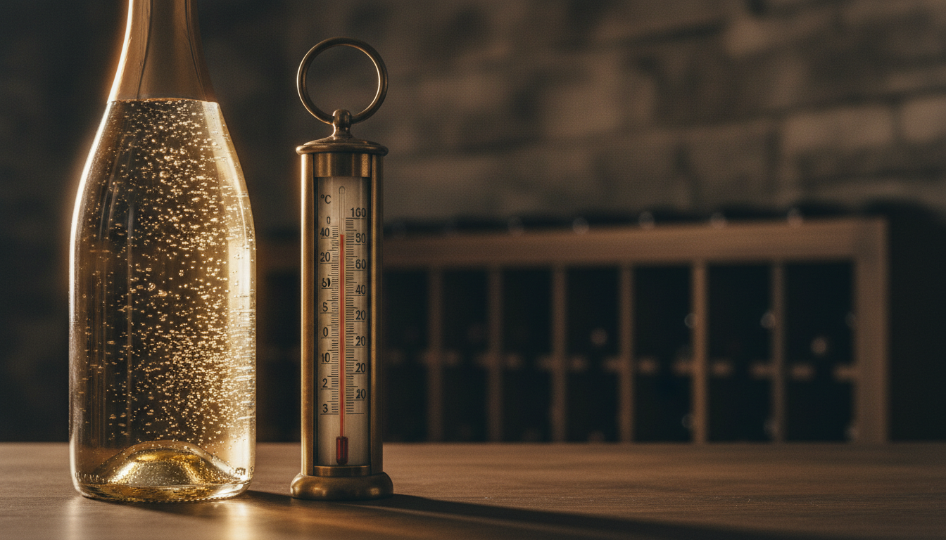 Nahaufnahme einer Sektflasche mit aufsteigenden Perlen im Gegenlicht, daneben ein Thermometer, das 12 °C anzeigt