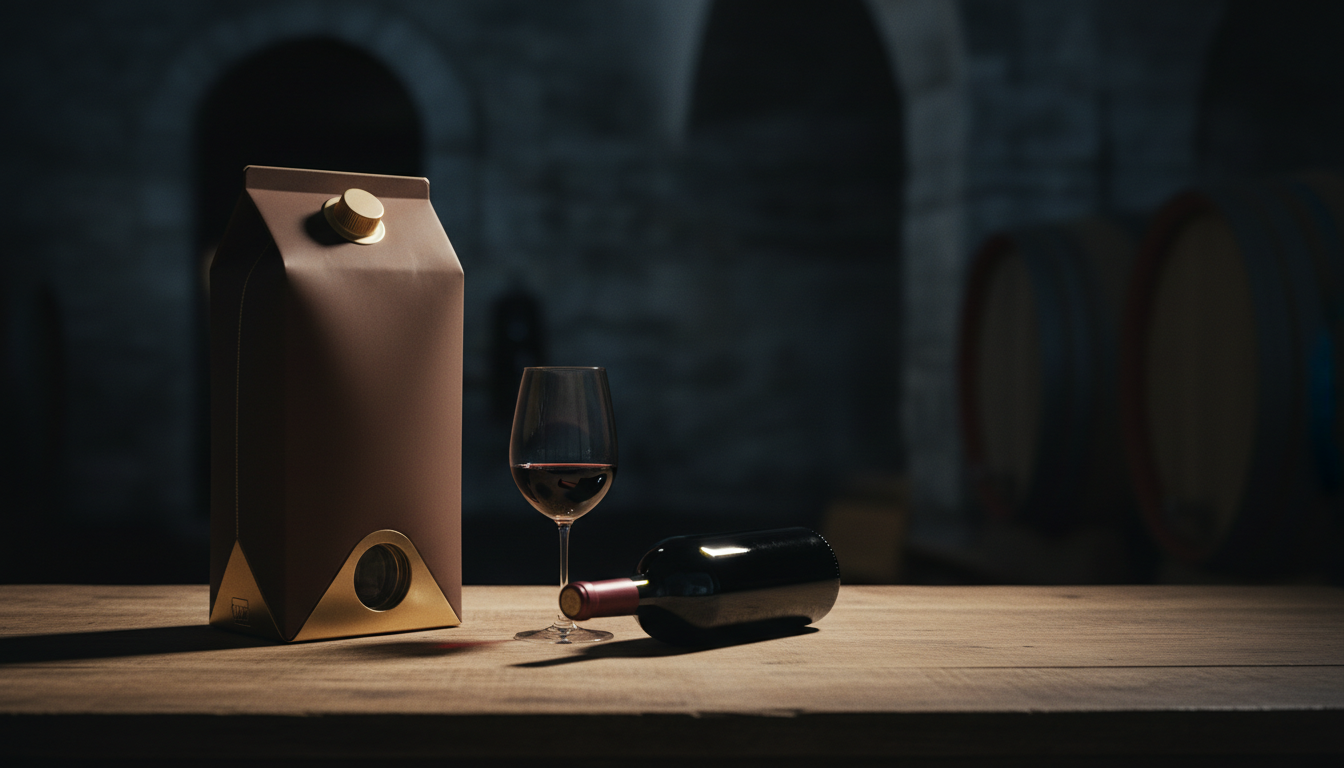Bag-in-Box-Verpackung neben einer klassischen Weinflasche, beide auf einem Holztisch, mit einem Glas Rotwein daneben