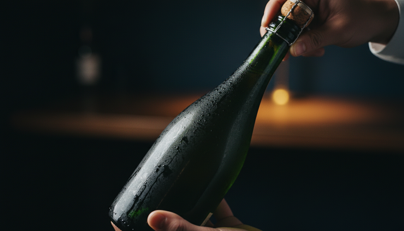 Nahaufnahme einer Hand, die eine gekühlte Champagnerflasche im 45-Grad-Winkel hält, mit sichtbarer Kondensation auf dem Glas und einer gelösten Agraffe