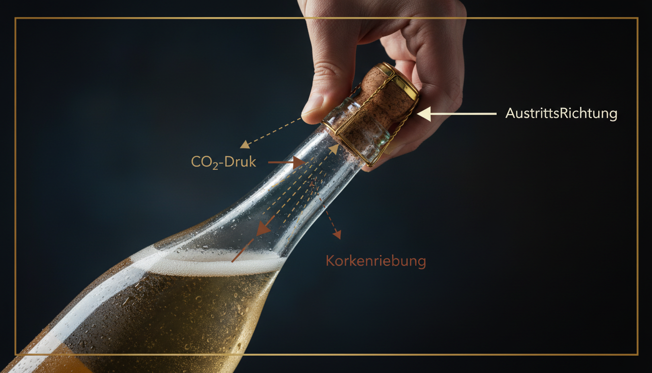 Schematische Darstellung der Druckverhältnisse in einer Schaumweinflasche, mit Pfeilen für CO₂-Druck, Korkenreibung und Austrittsrichtung