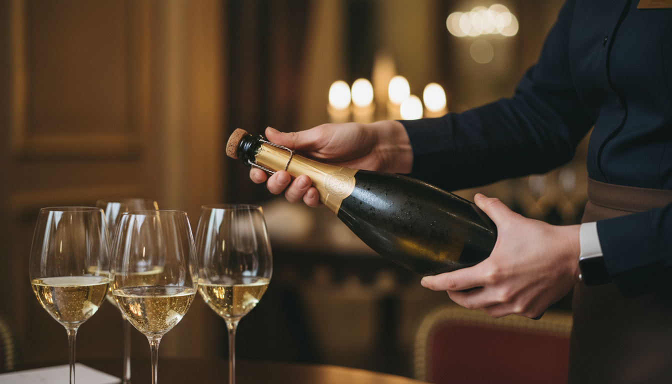 Servicekraft auf einem VINOVIT-Tasting-Event, die eine Champagnerflasche im 45-Grad-Winkel öffnet, im Hintergrund gefüllte Gläser mit sichtbarer feiner Perlage