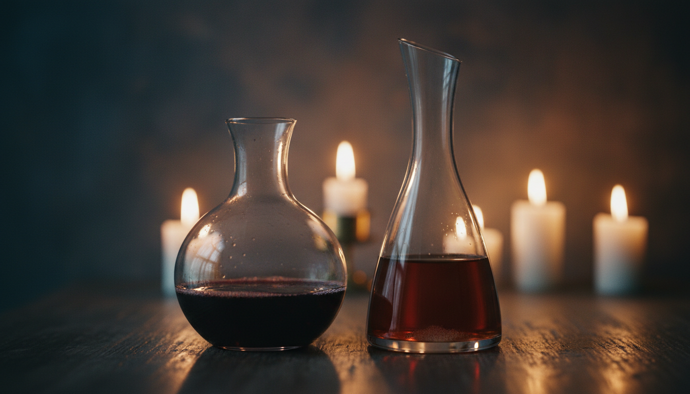Zwei Glasgefäße nebeneinander auf einem Holztisch, links eine bauchige Karaffe mit jungem Rotwein, rechts ein schlanker Dekanter mit gereiftem Wein, Kerzenlicht im Hintergrund