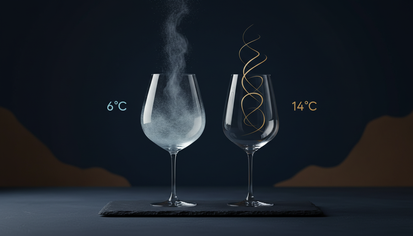 Schematische Darstellung zweier Weingläser nebeneinander, eines mit Kältedampf (6 °C), eines mit sichtbaren Aromalinien (14 °C), minimalistischer Stil
