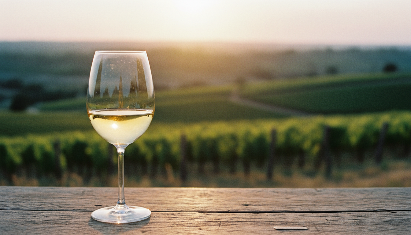 Nahaufnahme eines Weinglases mit goldgelbem Weißwein, im Hintergrund unscharf ein Weinberg in der Abendsonne