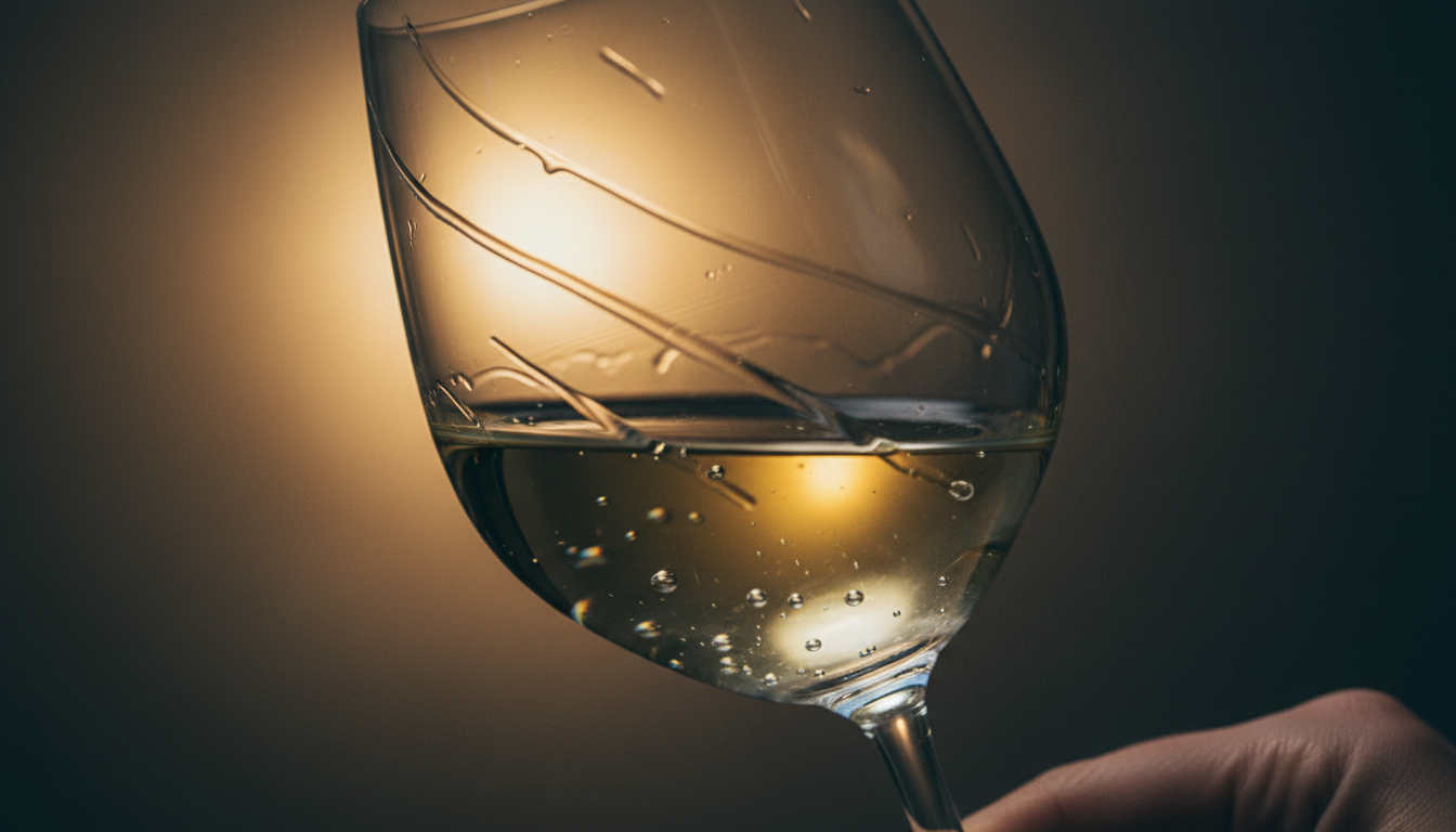 Detailaufnahme von Weinschlieren (Kirchenfenstern) an der Innenwand eines Weißweinglases, Gegenlicht, klare Tropfenbildung sichtbar