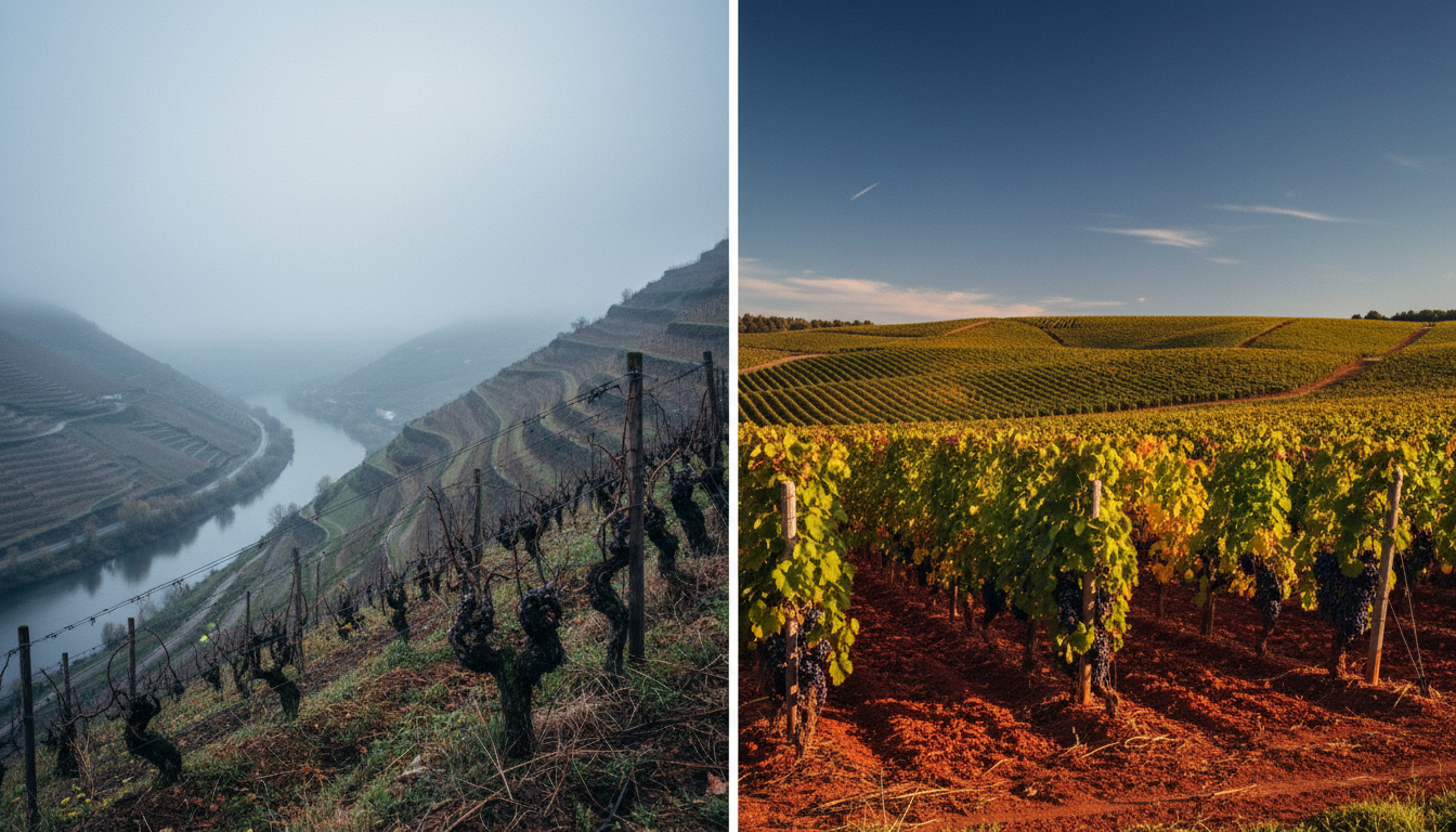 Vergleich zweier Weinberge, links ein steiler, nebelverhangener Hang an der Mosel, rechts sonnendurchflutete Reben im südlichen Rhône-Tal mit roter Erde