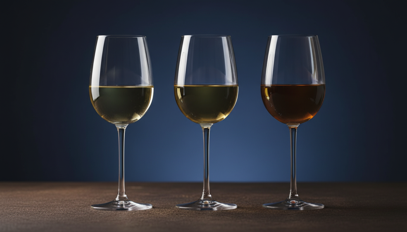 Drei Weingläser mit unterschiedlich gefärbtem Weißwein, von klar-hellgelb (gesund) über goldgelb (leicht oxidiert) bis bräunlich (stark oxidiert), auf neutralem Hintergrund