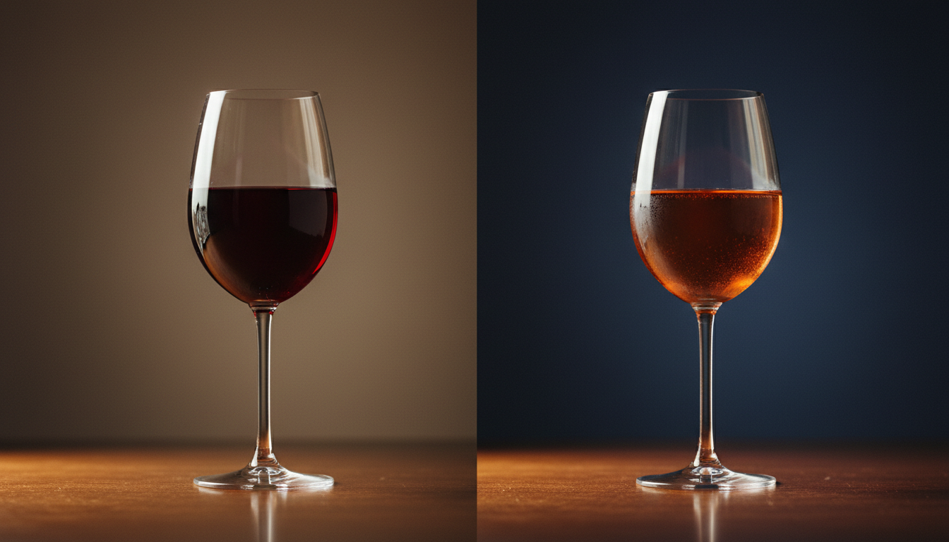 Vergleich zweier Weingläser nebeneinander, links ein junger, kräftig rubinroter Wein, rechts ein gereifter, ziegelrot-bernsteinfarbener Wein, vor neutralem Hintergrund