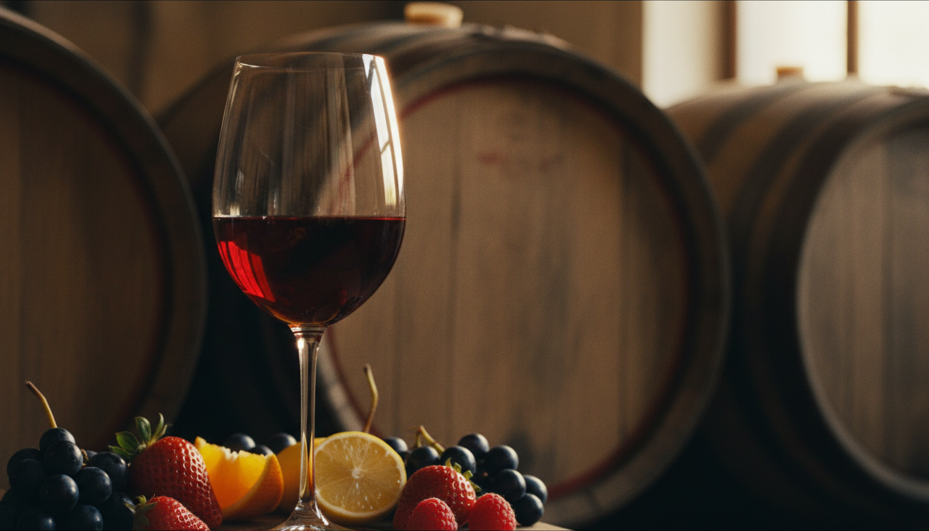 Nahaufnahme eines Weinglases mit rubinrotem Wein vor einem Hintergrund aus Eichenfässern und frischen Früchten, natürliches Licht